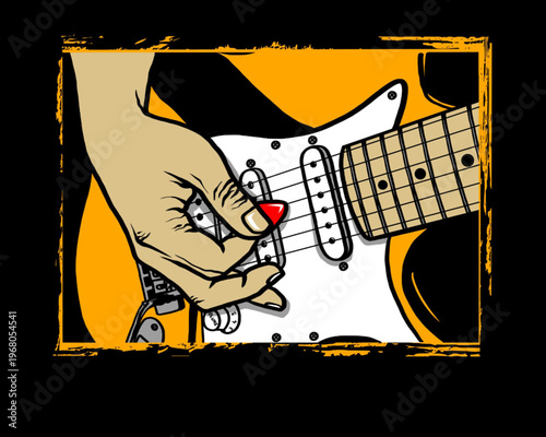 Close-up hand playing electric guitar with red pick bold graphic illustration on yellow background