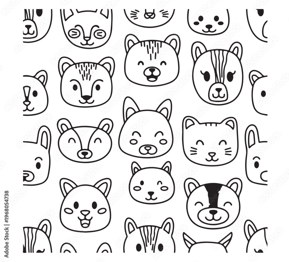 Fototapeta premium Delightful seamless pattern featuring a charming array of hand-drawn cute animal characters faces in a clean line art doodle style, ideal for kids' products