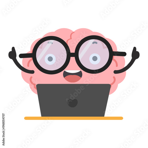 Happy brain working on laptop for productivity