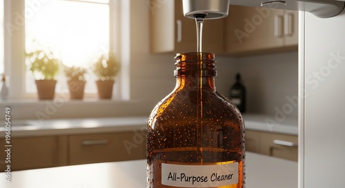 Amber glass all-purpose cleaner bottle being refilled in kitchen