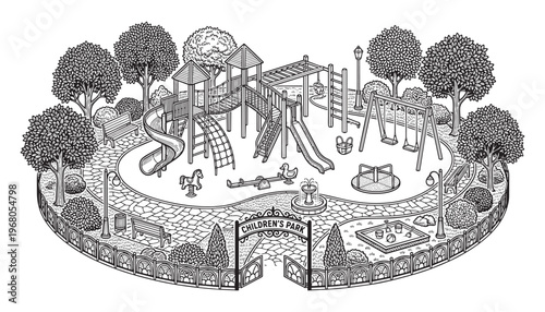 Detailed children's park vector illustration showing various playground equipment and trees