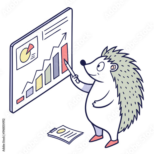 An anthropomorphic hedgehog enthusiastically presents data analysis from a whiteboard chart demonstrating growth and progress high quality professional detailed modern