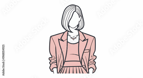 Simple outline illustration of a woman in a pink blazer and pleated skirt