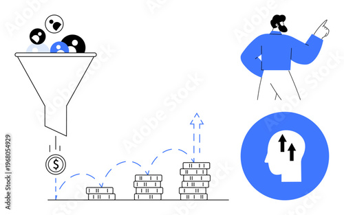 Sales funnel concept. Sales funnel customer conversion and revenue growth with minimal graphics. Sales funnel for marketing, e-commerce, business analytics, customer acquisition, and strategy