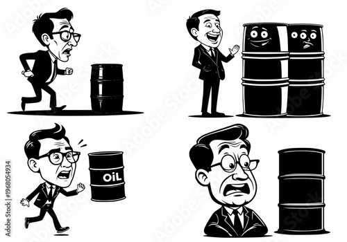 Cartoon businessman interacting with oil barrels showing happy, shocked, and fearful expressions in black and white vector style, illustrating energy market and financial emotions