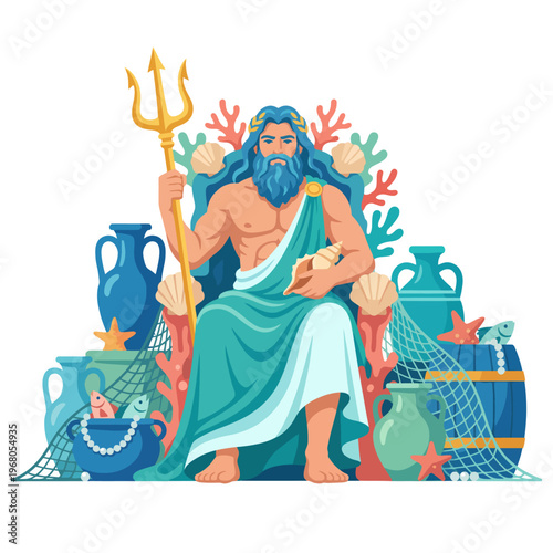 A powerful sea god sits on a throne of coral, holding a trident and surrounded by ocean treasures like shells, fish, and vases, embodying the wealth of the sea.