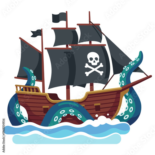 A thrilling scene depicting a pirate ship battling an enormous kraken, symbolizing adventure, fear, and the unknown of the vast ocean depths.