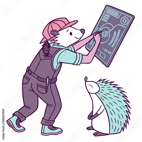 An anthropomorphic hedgehog wearing overalls and a cap intently designs on a digital tablet while a smaller hedgehog observes