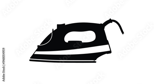 A simple black and white silhouette illustration of a modern steam iron on a white background