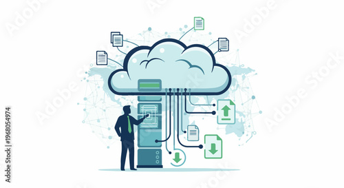 Silhouette of man interacts with cloud-based data servers and files