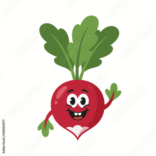 A whimsical red radish cartoon character with expressive eyes and a big smile, waving happily with bright green leafy tops against a plain white background.