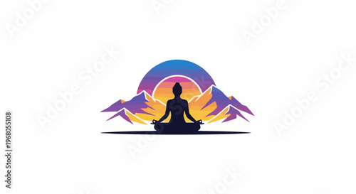 Silhouette of person meditating on a mat with mountains and sunset background