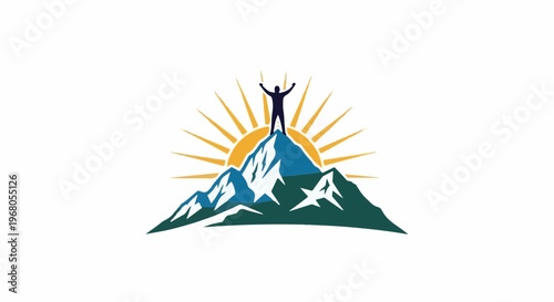 Silhouette of person on mountain peak with sunburst behind