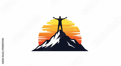 Silhouette of person on mountain peak with sunset background