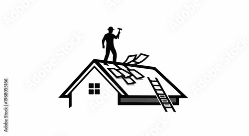 Silhouette of person on roof with hammer, ladder, and shingles