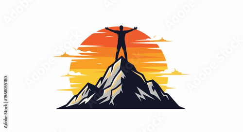 Silhouette of person with arms outstretched on mountain peak at sunset
