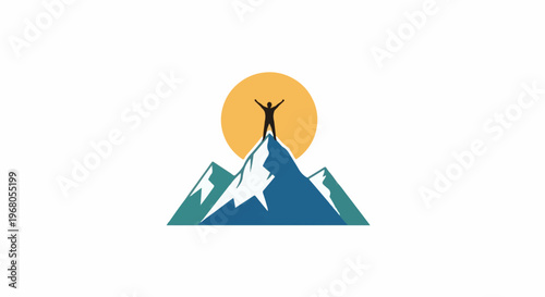 Silhouette of person with arms raised in triumph atop a snowy mountain