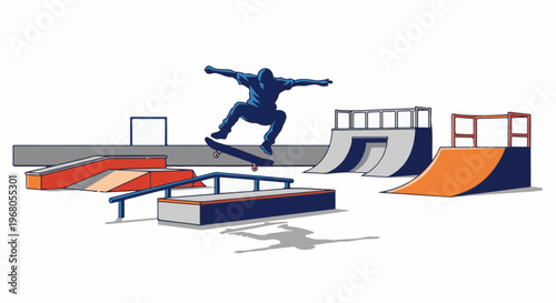 Silhouette of skateboarder mid-air above skatepark ramps