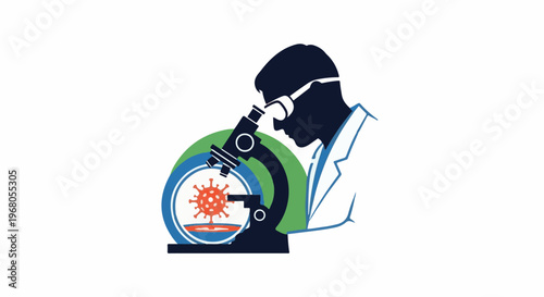 Silhouette of scientist observing a virus under a microscope with concentric circles