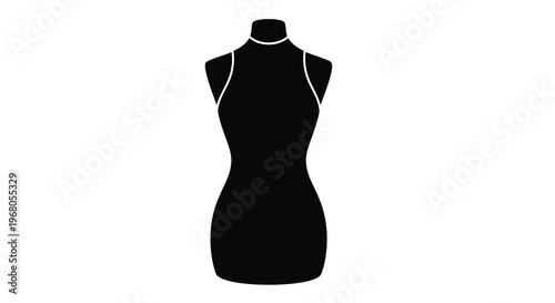 A simple black silhouette of a female mannequin torso displaying a sleeveless dress form high quality