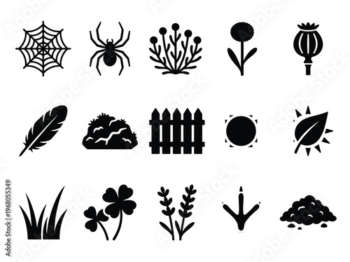 Comprehensive flat design vector illustration of diverse nature and outdoor icons for ecological and rural themes.