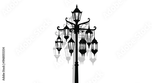 Ornate street lamp post with multiple lanterns casting shadows.