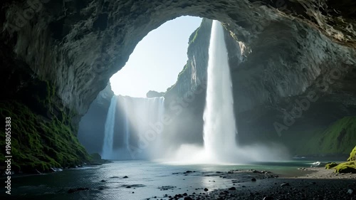 Majestic Waterfalls Cascading Through Cave Opening in Lush Landscape