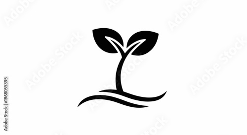 Simple black silhouette of a young plant sprouting on curved lines