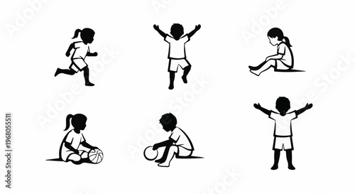 Six children, rendered as black silhouettes, are shown in various playful poses