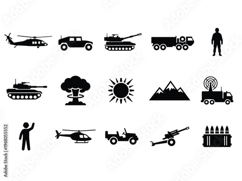 Detailed military equipment and army personnel vector icon set for defense-related graphic design.