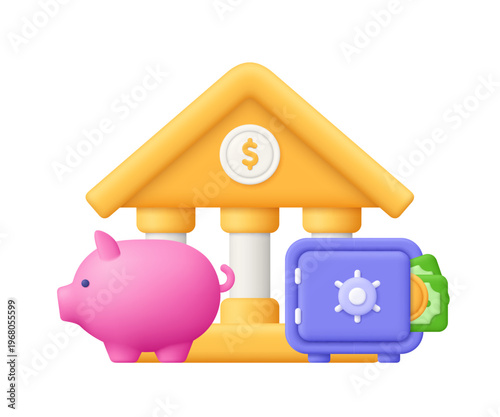 Yellow bank building with a piggy bank and purple secure safe box. Savings, financial security, banking services and money protection concept. 3d vector icon. Cartoon minimal style.