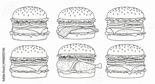 Six distinct line-art hamburger illustrations are arranged in a two-by-three grid