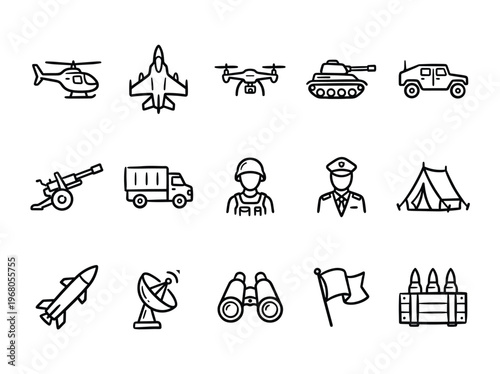 Military and warfare vector icon set. Line art for army, defense, conflict.