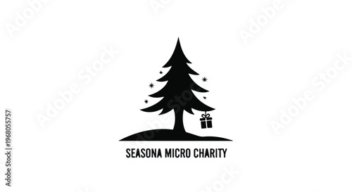 Silhouette of a Christmas tree with a gift box hanging from a branch.