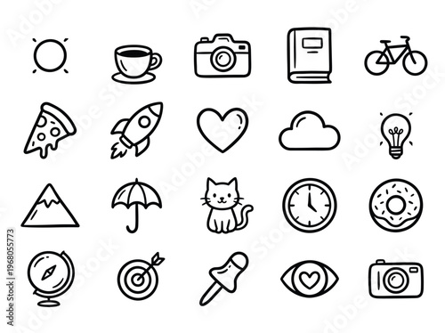 Creative hand-drawn vector icon set. Everyday objects, hobbies, and leisure elements in a playful line art style.