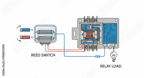 Schematic illustration of a reed switch and relay circuit controlling a light bulb