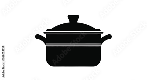 A simple black silhouette of a dutch oven with a lid and handles isolated on white