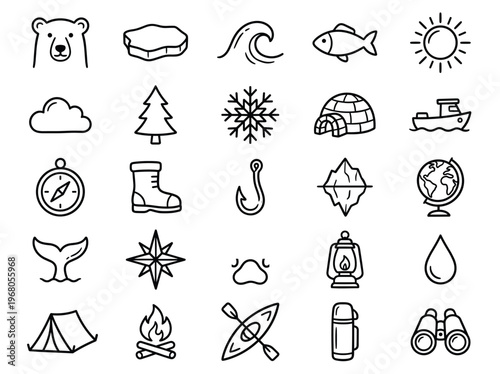 Outdoor adventure and nature doodle line art vector icon set. Hand-drawn elements for travel and exploration.