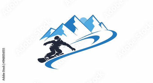Silhouette of a snowboarder against a backdrop of blue mountains