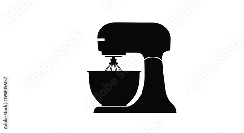 A simple black silhouette illustration of a stand mixer with a bowl and whisk attachment