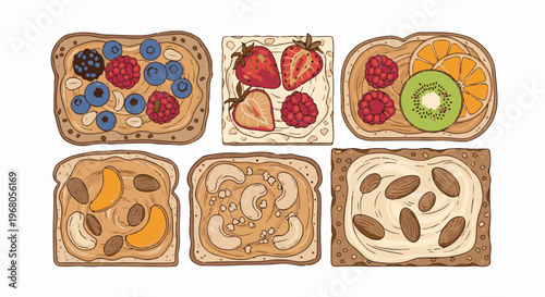 Six slices of toast with nut butter and fruit/nut toppings