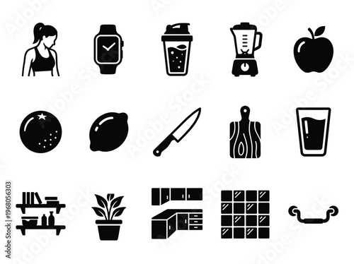 Modern flat design vector illustration of healthy living, kitchen, and fitness equipment icons for web and print use.