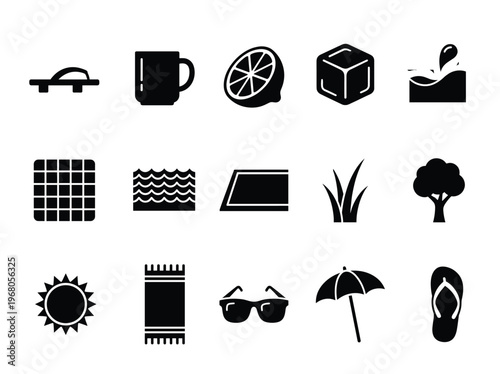 Flat design vector illustration of summer vacation, beach, and outdoor leisure icons for web and print.