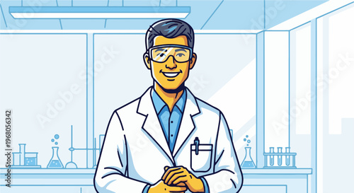 Scientist in a lab coat and safety goggles smiling in a modern laboratory