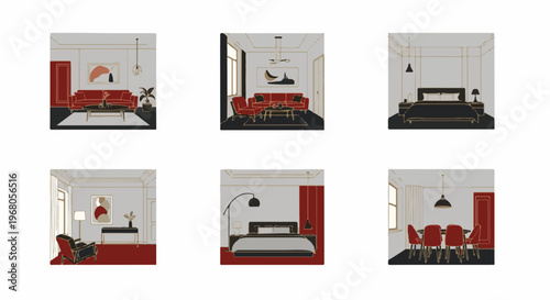 Six stylized interior scenes featuring minimalist furniture, art, and decor in red and gray