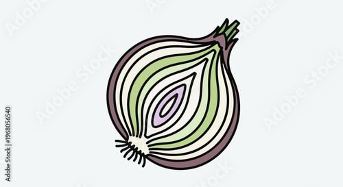 Simple illustration of a red onion cut in half, showing concentric layers
