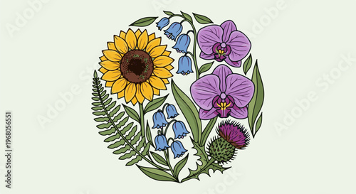 Round floral arrangement with sunflower, orchids, bluebells, fern, and thistle