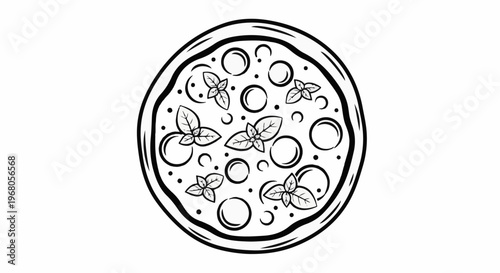 Round pizza with basil leaves and circular toppings in black and white