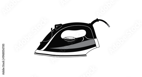 A black and white illustration depicts a modern steam iron with a sleek design and cord