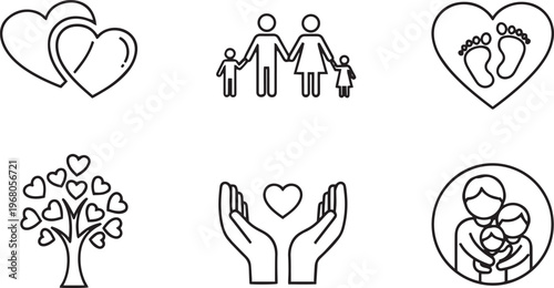 Black and white line of family love and care line black and white hearts